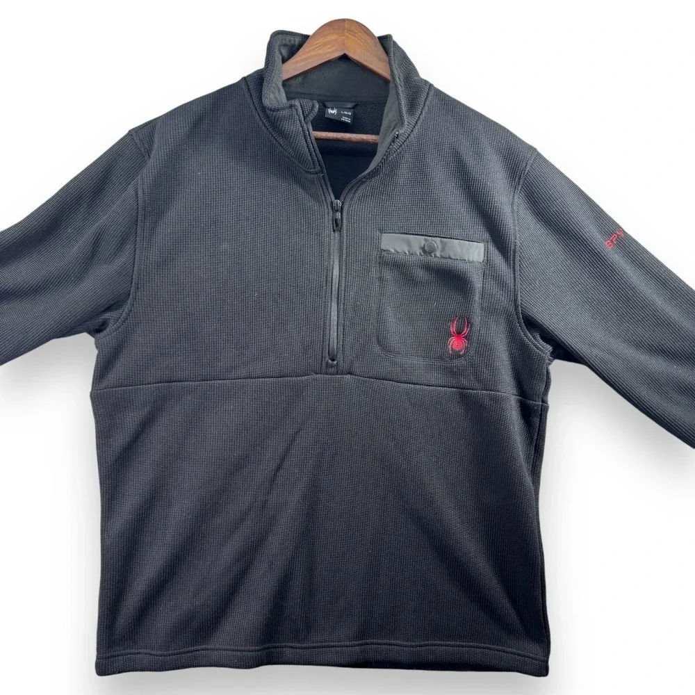 Spyder Core Mens Large 1/4 Zip Pullover Jacket Black Knit Sweater Fleece Lining